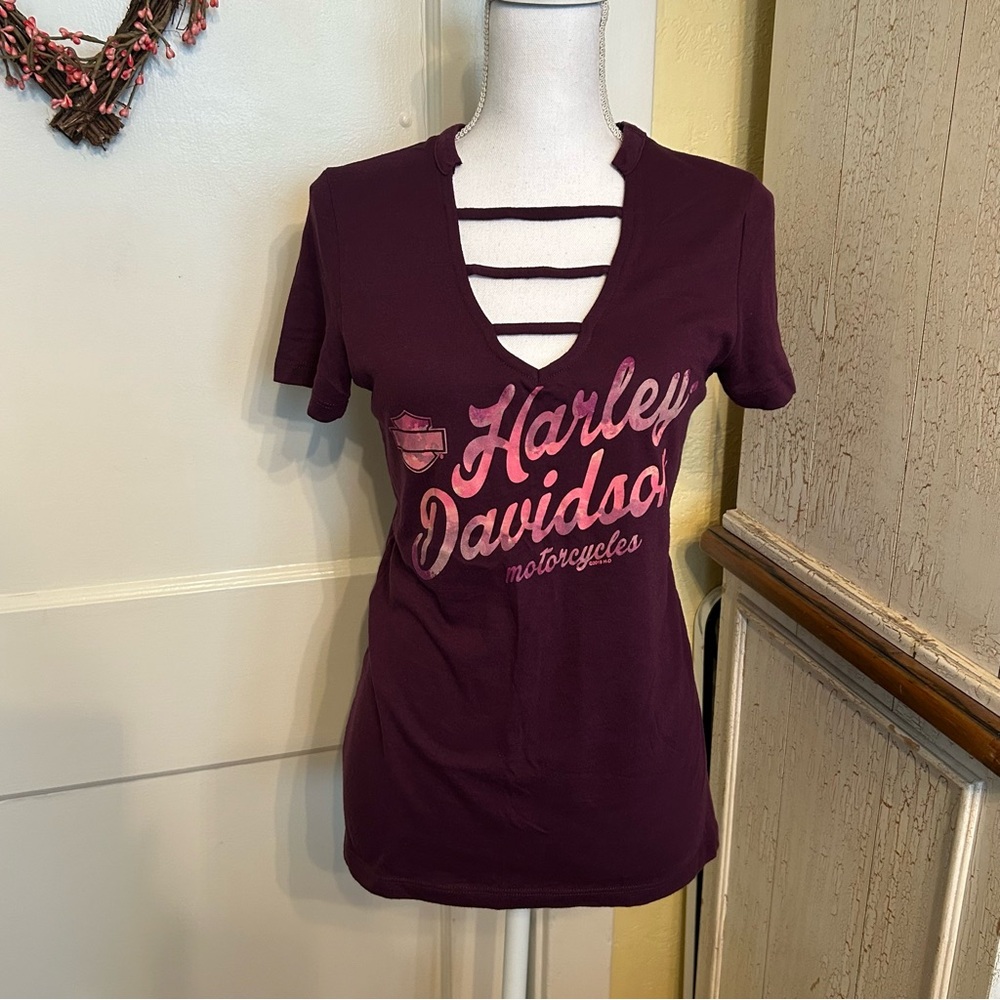 Harley-Davidson Women's Plum V‑Neck Tee with Pink Logo